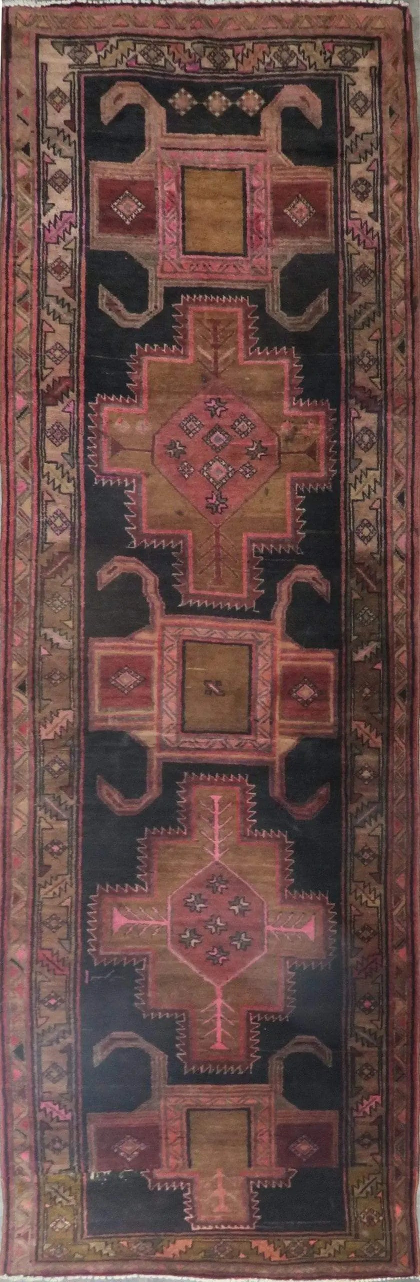 One Of The Kind Hand-Knotted Persian Wool Rug _ Luxurious Vintage Design, 12'1" x 3'7", Artisan Crafted